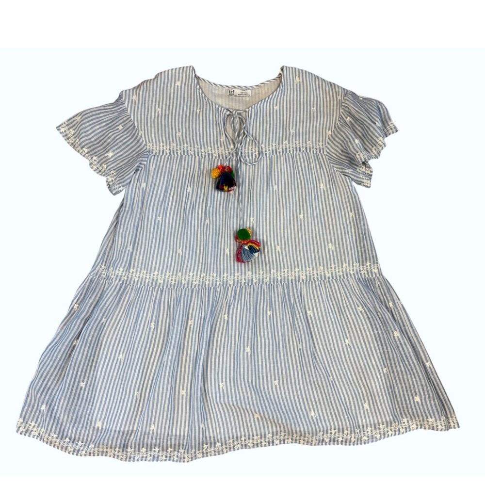 Zara TRF Blue‎ Stripe Pom Pom Tassel Dress S Boho Summer Polyester